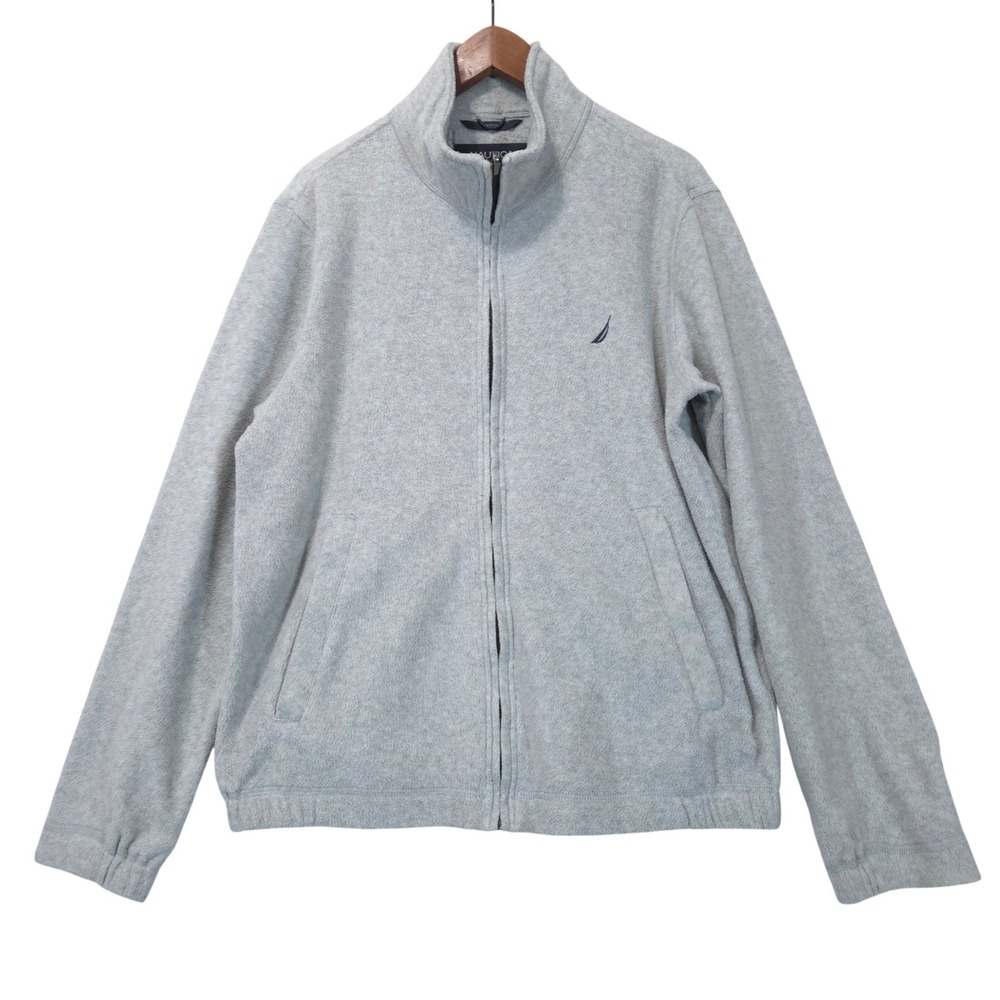 Nautica Full Zip Fleece Jacket Mens M Gray Mock Neck Gorpcore Layering Soft Warm